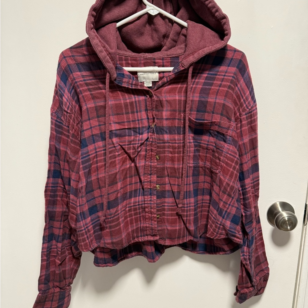 American Eagle Hooded Flannel Crop Top